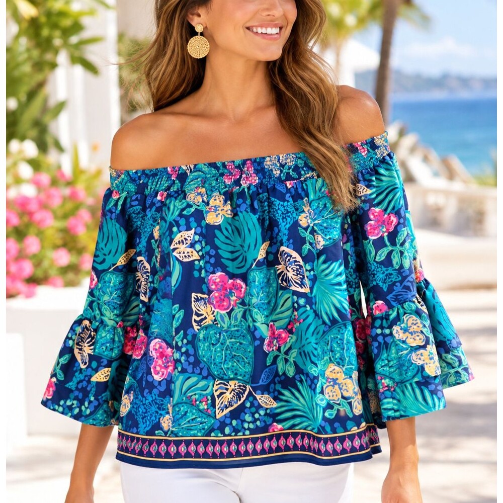 Lilly Pulitzer Kaori Off The Shoulder Top Low Tide Navy Life of the Party S NWT
